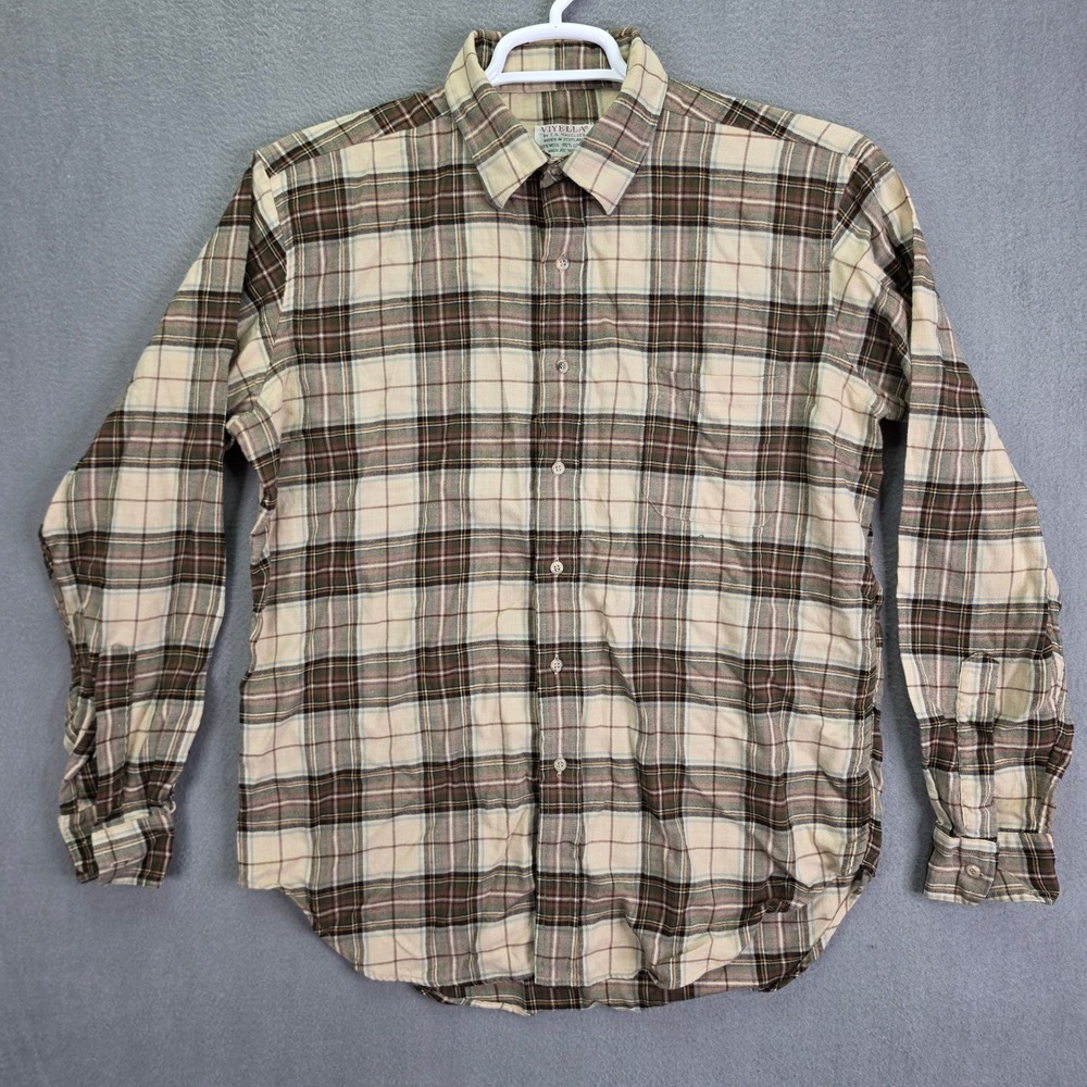 Viyella Button Down Shirt Plaid Brown Cream Mens L Wool Scotland Vintage
